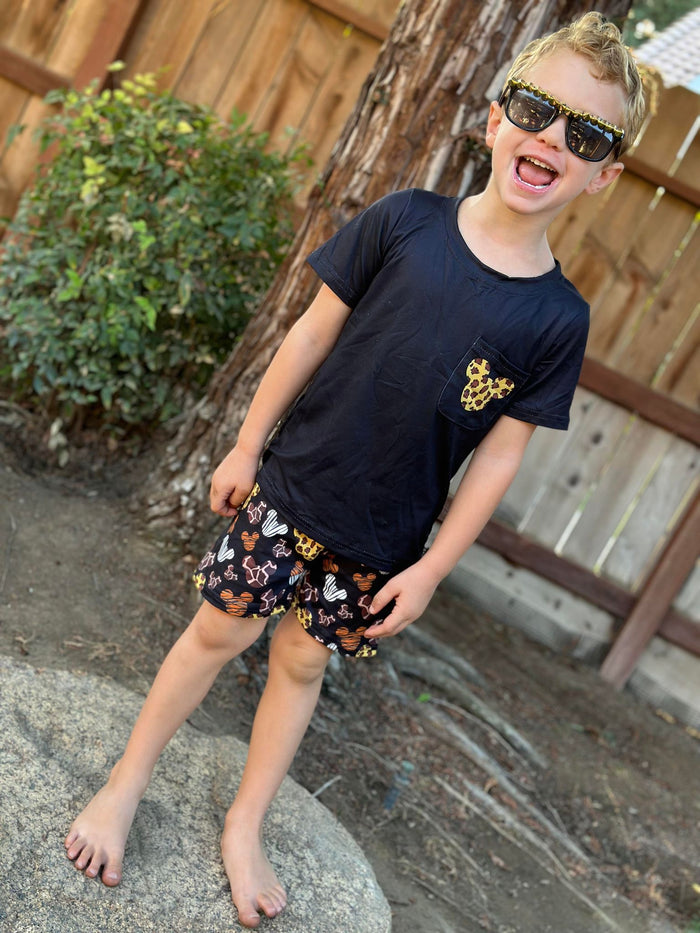 (Promotion)BSSO0042 Black Pocket Top Cartoon Mouse Shorts Boys Summer Outfits