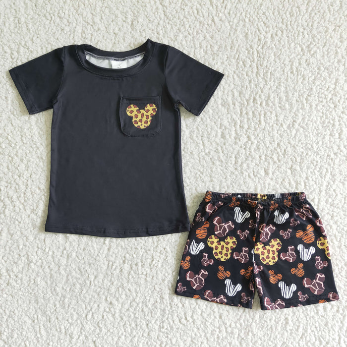 (Promotion)BSSO0042 Black Pocket Top Cartoon Mouse Shorts Boys Summer Outfits