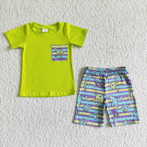 (Promotion)BSSO0044 Green Pocket Top Cartoon Monster Shorts Boys Summer Outfits