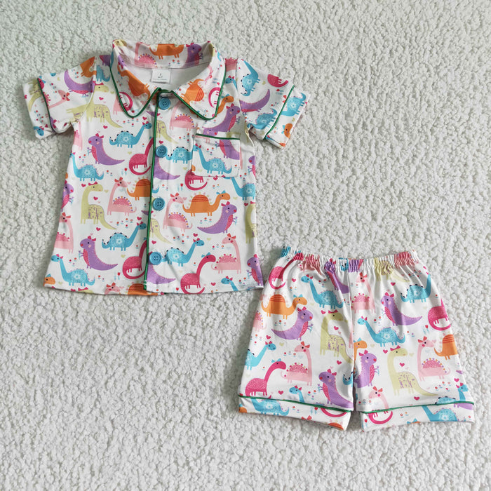 (Promotion)BSSO0052 Colorful Dino Print Girls Summer Button Pajamas Outfits