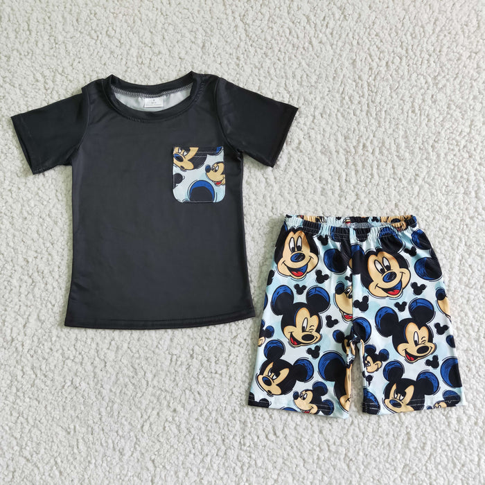 (Promotion)BSSO0053 Black Pocket Top Cartoon Mouse Shorts Boys Summer Outfits