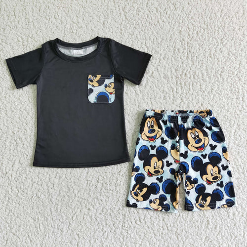 (Promotion)BSSO0053 Black Pocket Top Cartoon Mouse Shorts Boys Summer Outfits