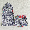 (Promotion)BSSO0060 Leopard Hoodie Top Shorts Kids Summer Outfits