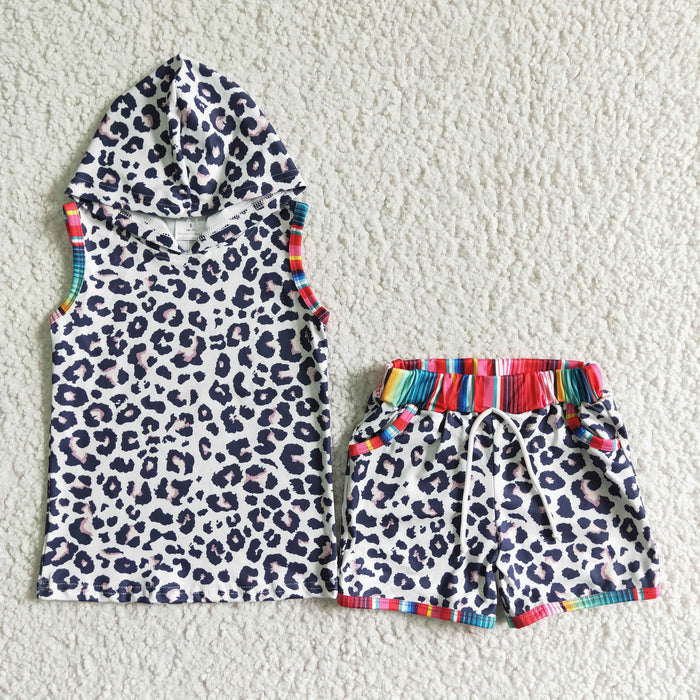 (Promotion)BSSO0060 Leopard Hoodie Top Shorts Kids Summer Outfits