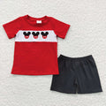 (Promotion)BSSO0092 Cartoon Mouse Embroidery Red Top Black Shorts Boys Summer Clothes Set