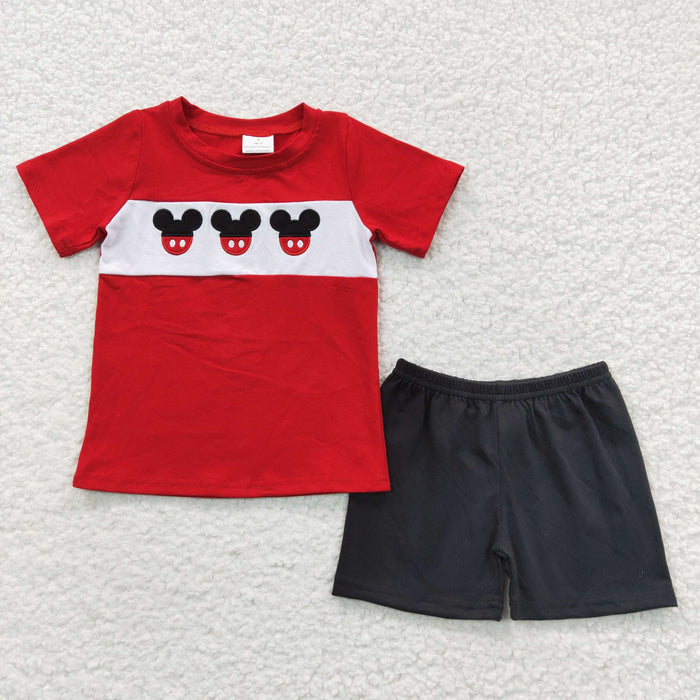 (Promotion)BSSO0092 Cartoon Mouse Embroidery Red Top Black Shorts Boys Summer Clothes Set