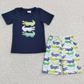(Promotion)BSSO0132 Crocodil* Embroidery Navy Top Shorts Boys Summer Clothes Set