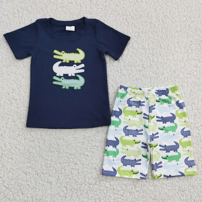 (Promotion)BSSO0132 Crocodil* Embroidery Navy Top Shorts Boys Summer Clothes Set