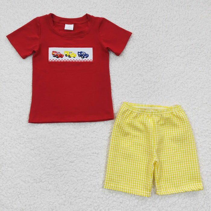 (Promotion)BSSO0133 Cars Embroidery Red Top Yellow Shorts Boys Summer Outfits