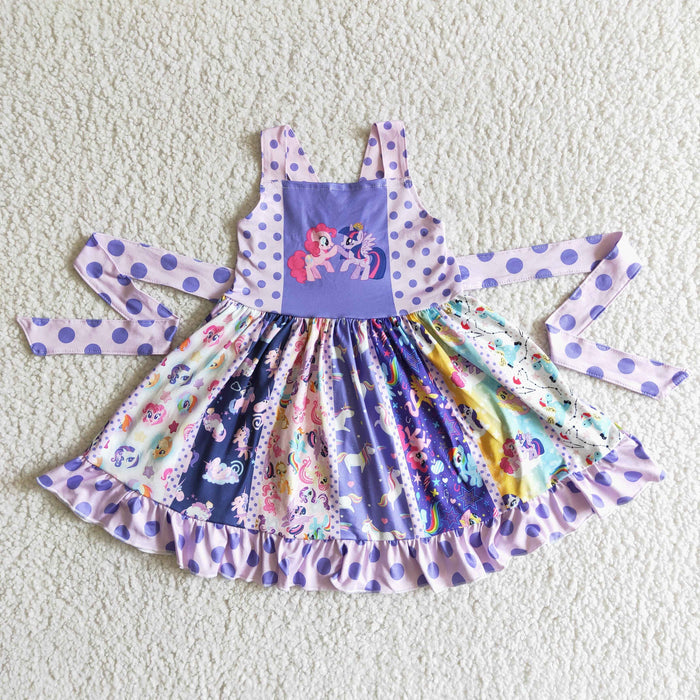 (Promotion)Cartoon Horse Purple Sleeveless Girls Twirl Dress A17-4