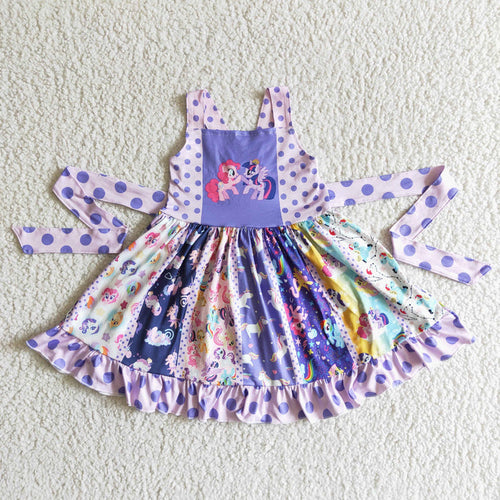 (Promotion)Cartoon Horse Purple Sleeveless Girls Twirl Dress A17-4