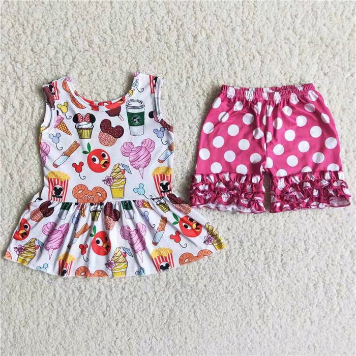 (Promotion)Cartoon Mouse Food Sleeveless Top Dots Shorts Girls summer outfits   C7-11