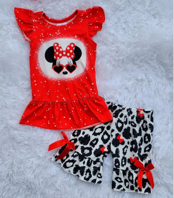 (Promotion)cartoon mouse red top ruffles shorts summer outfits D7-29