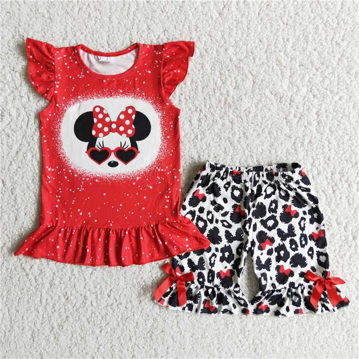 (Promotion)cartoon mouse red top ruffles shorts summer outfits D7-29