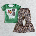 (Promotion)D1-5 HOHOHO Santa Green Top Leopard Bell Pants Girls Christmas Clothes Set