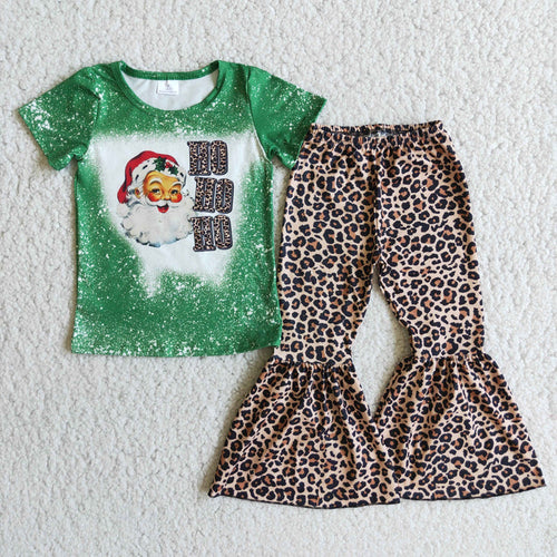 (Promotion)D1-5 HOHOHO Santa Green Top Leopard Bell Pants Girls Christmas Clothes Set