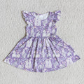 (Promotion)D4-18 Bunny Purple Flowers Print Girls Flutter Sleeve Knee Length Dress