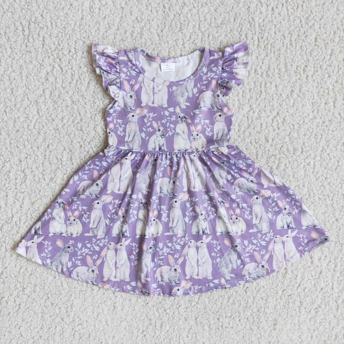 (Promotion)D4-18 Bunny Purple Flowers Print Girls Flutter Sleeve Knee Length Dress