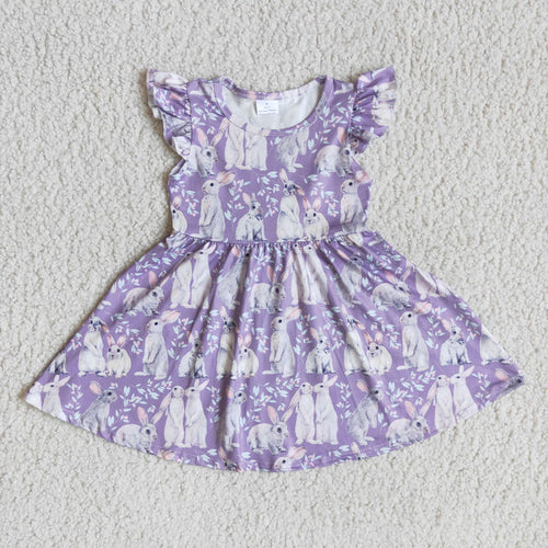 (Promotion)D4-18 Bunny Purple Flowers Print Girls Flutter Sleeve Knee Length Dress
