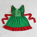 (Promotion)D4-4 Green Frog Smiling Print Girls Christmas Flutter Sleeve Knee Length Dress