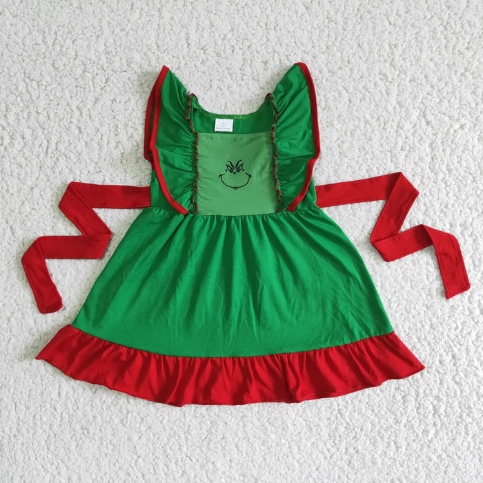(Promotion)D4-4 Green Frog Smiling Print Girls Christmas Flutter Sleeve Knee Length Dress