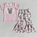 (Promotion)E10-16 Bunny Flowers Pink Top Bell Pants Girls Easter Clothes Set