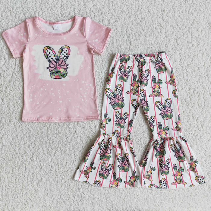 (Promotion)E10-16 Bunny Flowers Pink Top Bell Pants Girls Easter Clothes Set