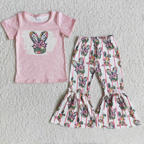 (Promotion)E10-16 Bunny Flowers Pink Top Bell Pants Girls Easter Clothes Set