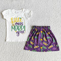 (Promotion)E5-5 Little Miss Mardi Gras White Top Mask Skirts Girls Clothes Set