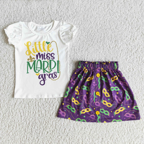 (Promotion)E5-5 Little Miss Mardi Gras White Top Mask Skirts Girls Clothes Set