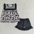 (Promotion)Flutter sleeve ruffles shorts cow print girls summer outfits GSD0045