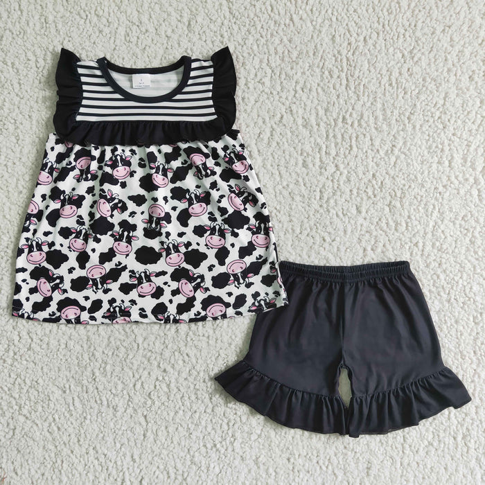 (Promotion)Flutter sleeve ruffles shorts cow print girls summer outfits GSD0045