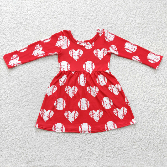 (Promotion)GLD0165 Baseball Heart Red Print Girls Long Sleeve Dress