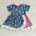 (Promotion)GSD0033 Stars Stripes Print Ruffle Girls 4th of July Knee Length Dress
