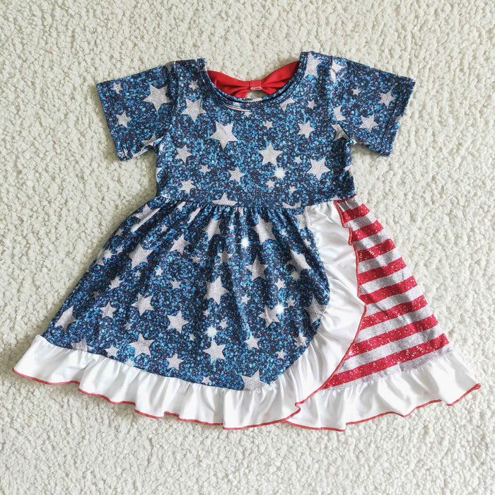 (Promotion)GSD0033 Stars Stripes Print Ruffle Girls 4th of July Knee Length Dress