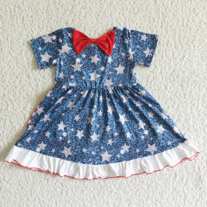 (Promotion)GSD0033 Stars Stripes Print Ruffle Girls 4th of July Knee Length Dress
