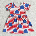 (Promotion)GSD0082 Stars Stripes Mouth Print Girls 4th of July Short Sleeve Knee Length Dress