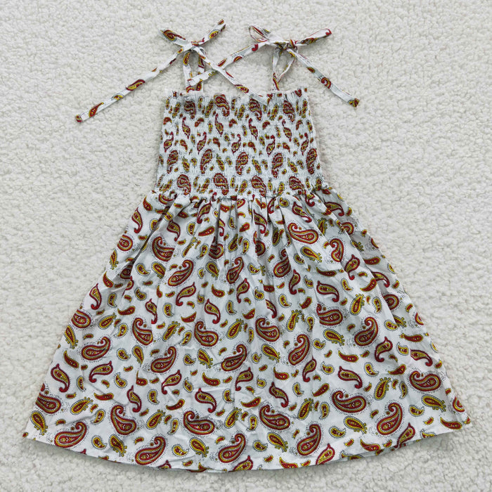 (Promotion)GSD0373 Paisley Print Girls Summer Strap Smocked Dress