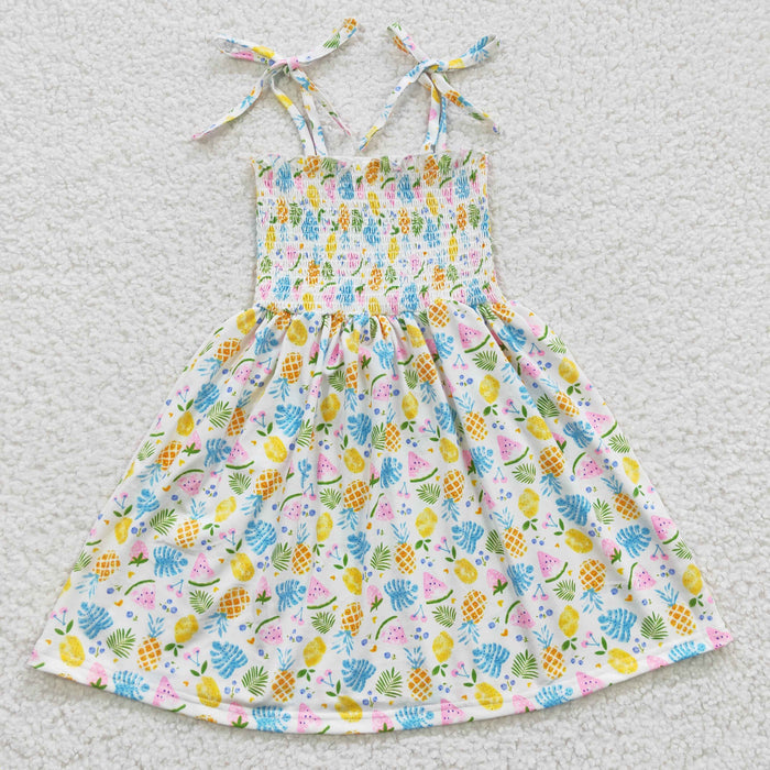 (Promotion)GSD0374 Pineapple Watermelon Print Girls Summer Strap Smocked Dress