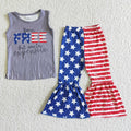 (Promotion)GSPO0050 FREE Tassel Grey Top Stars Stripes Bell Pants Girls 4th of July Clothes Set