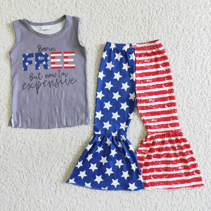 (Promotion)GSPO0050 FREE Tassel Grey Top Stars Stripes Bell Pants Girls 4th of July Clothes Set