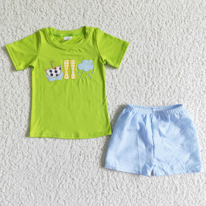 (Promotion)Rain Boots embroidery Green Top Plaid Shorts Boys summer outfits   BSSO0082