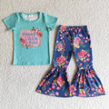 (Promotion)Sassy short sleeve floral print bell bottom pants outfits   C11-4