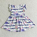 Purple Flowers Girls Flutter Sleeves Knee Length Dress   A8-6