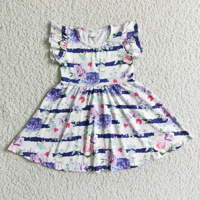 Purple Flowers Girls Flutter Sleeves Knee Length Dress   A8-6
