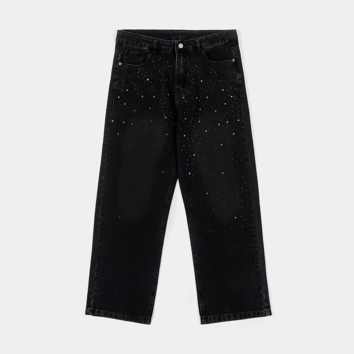 Rhinestone Denim Washed Mens Pants (Black/Black)