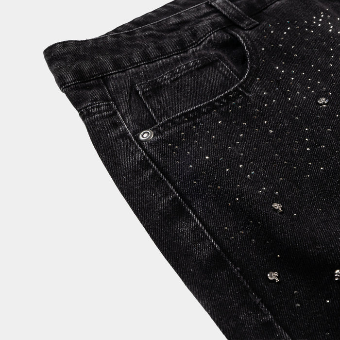 Rhinestone Denim Washed Mens Pants (Black/Black)