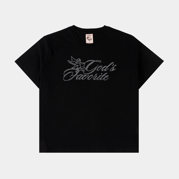 Rhinestone God's Favorite Cropped Womens Short Sleeve Shirt (Black/Black)