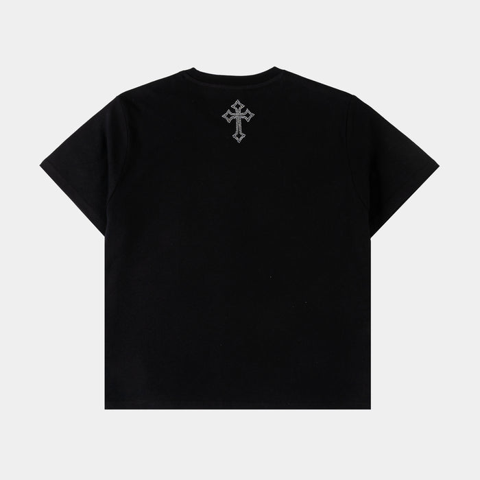 Rhinestone God's Favorite Cropped Womens Short Sleeve Shirt (Black/Black)