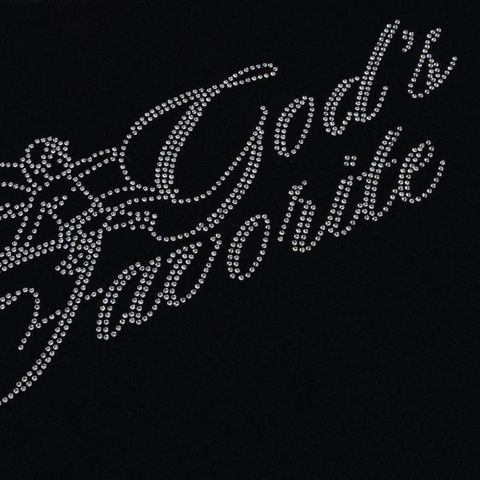 Rhinestone God's Favorite Cropped Womens Short Sleeve Shirt (Black/Black)